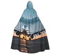 DUWAA Mantello con cappuccio per Halloween con stampa di aeroplano nella sera luce per adulti uomo donna mago cavaliere vampiro fantasia cool mantello costume