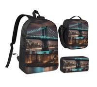 DUWAA New York Manhattan Bridge Night stampa zaino set casual borsa a tracolla pranzo borsa portapranzo astuccio 3 in 1 set 17 pollici per donne uomini college, nero, Taglia unica