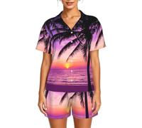 DUWAA Palm Trees Silhouette At Sunset stampa pigiama donna button down due pezzi pigiameria estate loungewear, Nero , XL