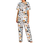 DUWAA Pigiama da donna a maniche corte, con volti di gatto e cane, bulldog, beagle, labrador, comodo abbigliamento da notte per uso quotidiano a casa, taglie S-3XL, nero, L