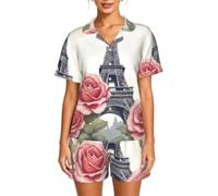 DUWAA Pigiama da donna con stampa a fiori e torre Eiffel, due pezzi, pigiama estivo, Nero , XL