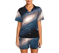 DUWAA Pigiama da donna con stampa di galassia universo e stelle, con bottoni, due pezzi, abbigliamento estivo per il tempo libero, Nero , L