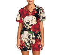 DUWAA Pigiama da donna con stampa di teschio rosa-rosso, due pezzi, abbigliamento estivo per il tempo libero, Nero , XXL