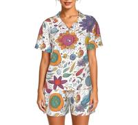 DUWAA Piume disegnate a mano colorate su bianco stampa pigiama donna button down due pezzi indumenti da notte estate loungewear, Nero , 5XL