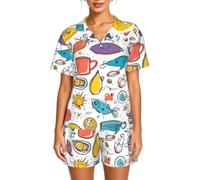 DUWAA Piume disegnate a mano colorate su bianco stampa pigiama donna button down due pezzi indumenti da notte estate loungewear, Nero , M