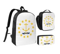 DUWAA Rhode Island - Zaino con stampa bandiera dello Stato, 3 pezzi, include una grande borsa per libri da 43 cm con borsa per il pranzo e pratica borsa portapenne, nero, taglia unica, Nero, taglia