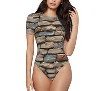 DUWAA Rustic Rocks - Body a maniche corte con stampa muro di mattoni, scollo rotondo, magliette elastiche di base per tutti i giorni, Nero , XL