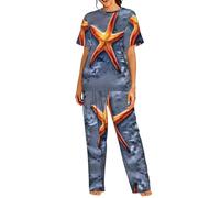 DUWAA Set da salotto da donna con stampa di stelle marine, comodo pigiama a maniche corte per uso quotidiano a casa S-3XL, Nero , 3XL