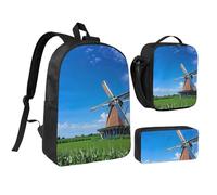 DUWAA Set di 3 zaini blu con stampa mulino a vento che include una grande borsa per libri da 43,2 cm con borsa per il pranzo e pratica borsa, Nero, One Size