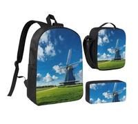 DUWAA Set di 3 zaini blu con stampa mulino a vento che include una grande borsa per libri da 43,2 cm con borsa per il pranzo e pratica borsa, Nero, One Size