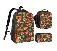 DUWAA Set di 3 zaini con stampa a pizza, include una grande borsa per libri da 43 cm con borsa per il pranzo e pratica borsa per le penne, nero, Taglia unica