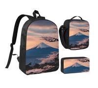 DUWAA Set di 3 zaini con stampa del Monte del Giappone Fuji, include una grande borsa per libri da 43,2 cm con borsa per il pranzo e pratica borsa per penne, nero, taglia unica, Nero, taglia unica