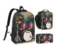 DUWAA Set di 3 zaini con stampa di tamburo jazz, include una grande borsa per libri da 43 cm con borsa per il pranzo e pratica borsa per le penne, nero, Taglia unica