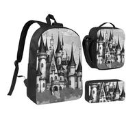 DUWAA Set di 3 zaini con stampa gotica delle fiabe castle04, include una grande borsa per libri da 43,2 cm con borsa per il pranzo e pratica borsa per le penne, nero, Taglia unica
