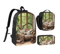 DUWAA Set di 3 zaini con stampa moderna di metà secolo, include una grande borsa per libri da 43 cm con borsa per il pranzo e pratica borsa per penne, nero, taglia unica, Nero, taglia unica