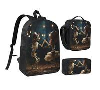 DUWAA Set di 3 zaini con stampa scheletro che balla, include una grande borsa per libri da 43 cm con borsa per il pranzo e pratica borsa per penne, nero, taglia unica, Nero, taglia unica