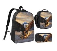 DUWAA Un set di 3 zaini con stampa Eagle3, include una grande borsa per libri da 43,2 cm con borsa per il pranzo e pratica borsa portapenne, nero, taglia unica, Nero, taglia unica