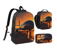 DUWAA Zaino con stampa aeroplano al tramonto, set da 3 pezzi, include una grande borsa per libri da 43,2 cm con borsa per il pranzo e pratica borsa portapenne, nero, taglia, Nero, taglia unica