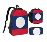 DUWAA Zaino con stampa bandiera del Laos, set da 3 pezzi, include una grande borsa per libri da 17 pollici con borsa per il pranzo e pratica borsa per penne, nero, Taglia unica