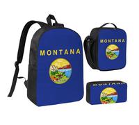 DUWAA Zaino con stampa bandiera del Montana, set da 3 pezzi, include una grande borsa per libri da 43 cm con borsa per il pranzo e pratica borsa per penne, nero, taglia unica, Nero, taglia unica