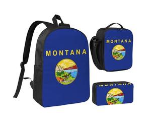 DUWAA Zaino con stampa bandiera del Montana, set da 3 pezzi, include una grande borsa per libri da 43 cm con borsa per il pranzo e pratica borsa per penne, nero, taglia unica, Nero, taglia unica