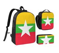 DUWAA Zaino con stampa bandiera del Myanmar, set da 3 pezzi, include una grande borsa per libri da 43 cm con borsa per il pranzo e pratica borsa per le penne, Nero, One Size