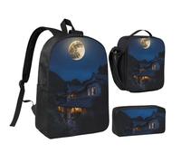DUWAA Zaino con stampa luna piena di notte, set da 3 pezzi, include una grande borsa per libri da 43 cm con borsa per il pranzo e pratica borsa per le penne, nero, Taglia unica