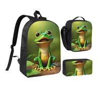 DUWAA Zaino con stampa rana verde, 3 pezzi, include una grande borsa per libri da 43 cm con borsa per il pranzo e pratica borsa per le penne, nero, Taglia unica