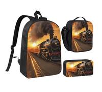 DUWAA Zaino con stampa treno a vapore, set da 3 pezzi, include una grande borsa per libri da 43 cm con borsa per il pranzo e pratica borsa per penne, nero, taglia unica, Nero, taglia unica