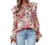 Duyeuau Camicetta da donna casual a maniche lunghe a sbuffo con scollo a pieghe con polsini a punto smock camicie con stampa floreale, bianco, M