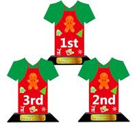 DUYIY Kit di 3 trofei in legno, per concorso di biscotti a tema omino di pan di zenzero, 1°, 2°, 3° posto, accessori per feste, decorazioni natalizie con supporto, decorazione da tavolo festiva