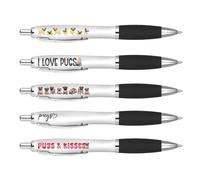 DV DESIGN Set di 5 penne nere a forma di carlino, per cani, cuccioli, giochi di parole divertenti, per scuola, insegnanti, amici, ragazze, ragazzi, set di compleanno #81316