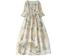 Dvbfufv Abito da donna in misto cotone floreale estivo vintage elegante abito da spiaggia da donna con coulisse abito bohémien, Albicocca, M