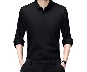 Dvbfufv Camicia da uomo in seta da lavoro di lusso a maniche lunghe button down camicia top stretch senza pieghe camicia da uomo, Nero , XL