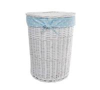 dvier Cesto portabiancheria, in Vimini, Rotondo, Bianco, Celeste, Coperchio, Rivestimento, Cotone, D.39cm H.55cm
