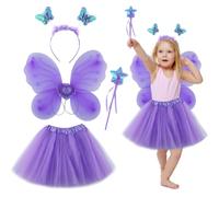 Dwafill Costume Farfalla Bambina, 4 Pezzi Costume Fatina Bambina, Tra Cui Ali Di Farfalla, Copricapo, Bacchetta Magica, Vestito da Principessa, Costume Bambina Carnevale, Ragazze 3-10 Anni