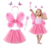 Dwafill Costume Farfalla Bambina, 4 Pezzi Costume Fatina Bambina, Tra Cui Ali Di Farfalla, Copricapo, Bacchetta Magica, Vestito da Principessa, Costume Bambina Carnevale, Ragazze 3-10 Anni (Rosa)