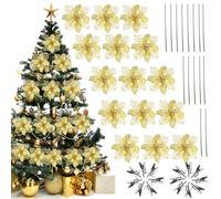 Dwafill Fiori Albero di Natale, 15 Pezzi 14 * 14CM Fiori Grandi per Albero di Natale di Clip Poli, Fiocchi per Albero di Natale, per Albero, Può Essere Appeso, Fissato o Incollato (Oro)
