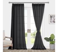 DWCN Tende in voile con nastro arricciato, effetto lino, 2 pezzi, semitrasparenti, per soggiorno, tende trasparenti, colore nero, 245 x 140 cm (altezza x larghezza)