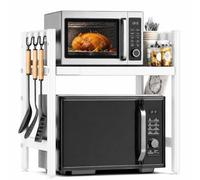 DWDHYEAN Scaffale Cucina Estensibile Mensola Microonde Scaffale da Cucina, Ripiani per Microonde con 6 Ganci, Mensola Cucina per Mettere Piatti e Ciotole. (Bianco)