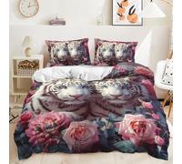 Dwetcxo Copriletto una Piazza e Mezzo Tigre Bianca Rosa Copripiumino una Piazza e Mezza Microfibra Lenzuola Matrimoniali Traspirant Piumone Matrimoniale+2 Federe Cuscini 50x75cm (200x200cm)