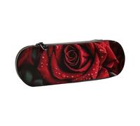 Dwrepo Astuccio in pelle con cerniera, astuccio per matite con rosa rossa, grazioso astuccio per matite per donne e uomini, astuccio da viaggio per trucco, portamonete, per lavoro, ufficio, nero