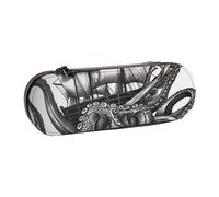 Dwrepo Astuccio in pelle con cerniera, astuccio per matite nero e bianco con polpo e nave, grazioso astuccio per matite per donne e uomini, astuccio da viaggio, borsa per trucco, portamonete, per