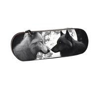 Dwrepo Astuccio in pelle con cerniera, motivo: lupi con amore sotto la luna, astuccio per matite con animali selvatici, grazioso astuccio per matite per donne e uomini, astuccio da viaggio, borsa per
