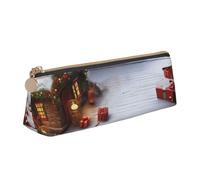 Dwrepo Astuccio in pelle per donne e uomini, astuccio con cerniera, astuccio portatile con scritta Merry Christmas House, piccola borsa per il trucco, portamonete per lavoro e ufficio