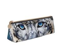 Dwrepo Astuccio in pelle per donne e uomini, astuccio portamatite con cerniera, astuccio portatile con occhi blu, leopardo delle nevi, piccola borsa per il trucco, portamonete per lavoro e ufficio