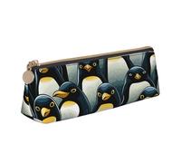 Dwrepo Astuccio in pelle per donne e uomini, astuccio portamatite con cerniera, astuccio portatile elegante con motivo folla di pinguini, piccolo astuccio per trucchi e monete, per ufficio e lavoro