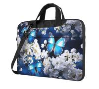 Dwrepo Borsa per computer portatile con stampa di farfalle blu e fiori bianchi con tracolla borsa per computer sottile borsa per donne uomini, Nero, 13 inch