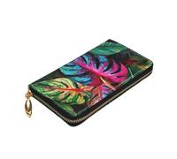 Dwrepo Portafoglio da donna colorato con stampa di foglie tropicali portafoglio in pelle con cerniera portamonete grande capacità porta carte per donne uomini regalo, nero, taglia unica, nero, taglia