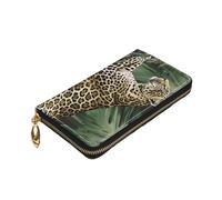 Dwrepo Portafoglio da donna con stampa leopardata con foglia di palma portafoglio in pelle con cerniera portamonete grande capacità porta carte per donne uomini regalo, nero, taglia unica, nero,